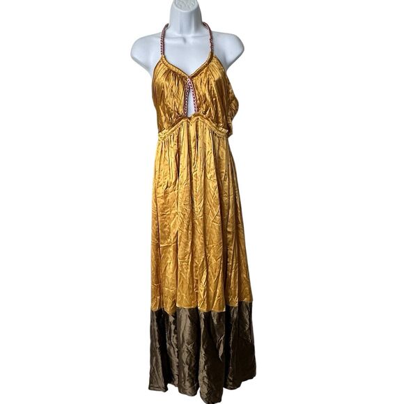 NWT Anthropologie Silk Maxi Dress Sz 8 Color blocked satin halter cut out - Picture 2 of 13